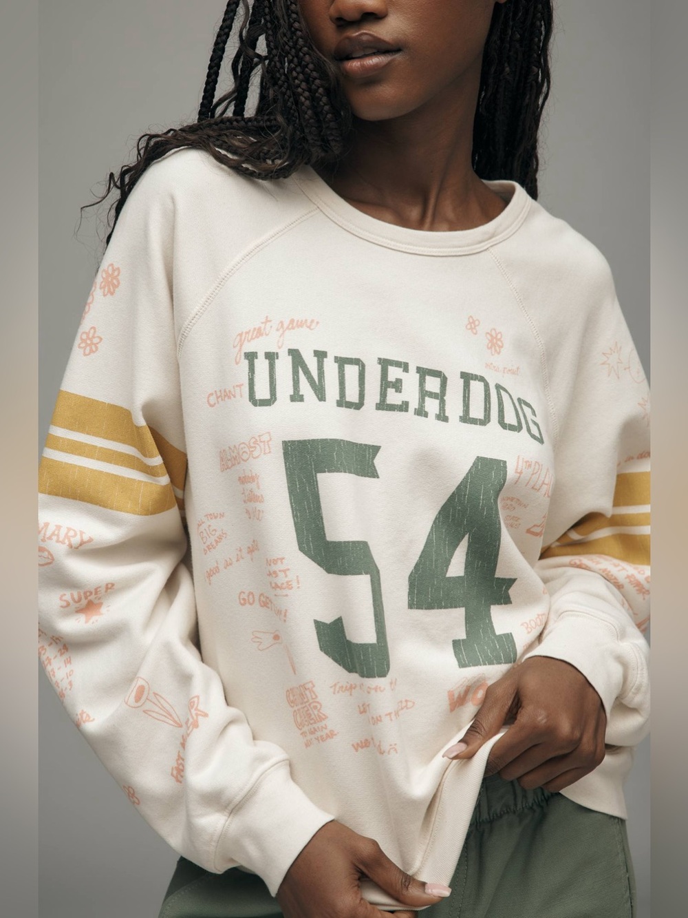 MOTHER Cream Graphic Crewneck Sweatshirt with Yellow Stripes
